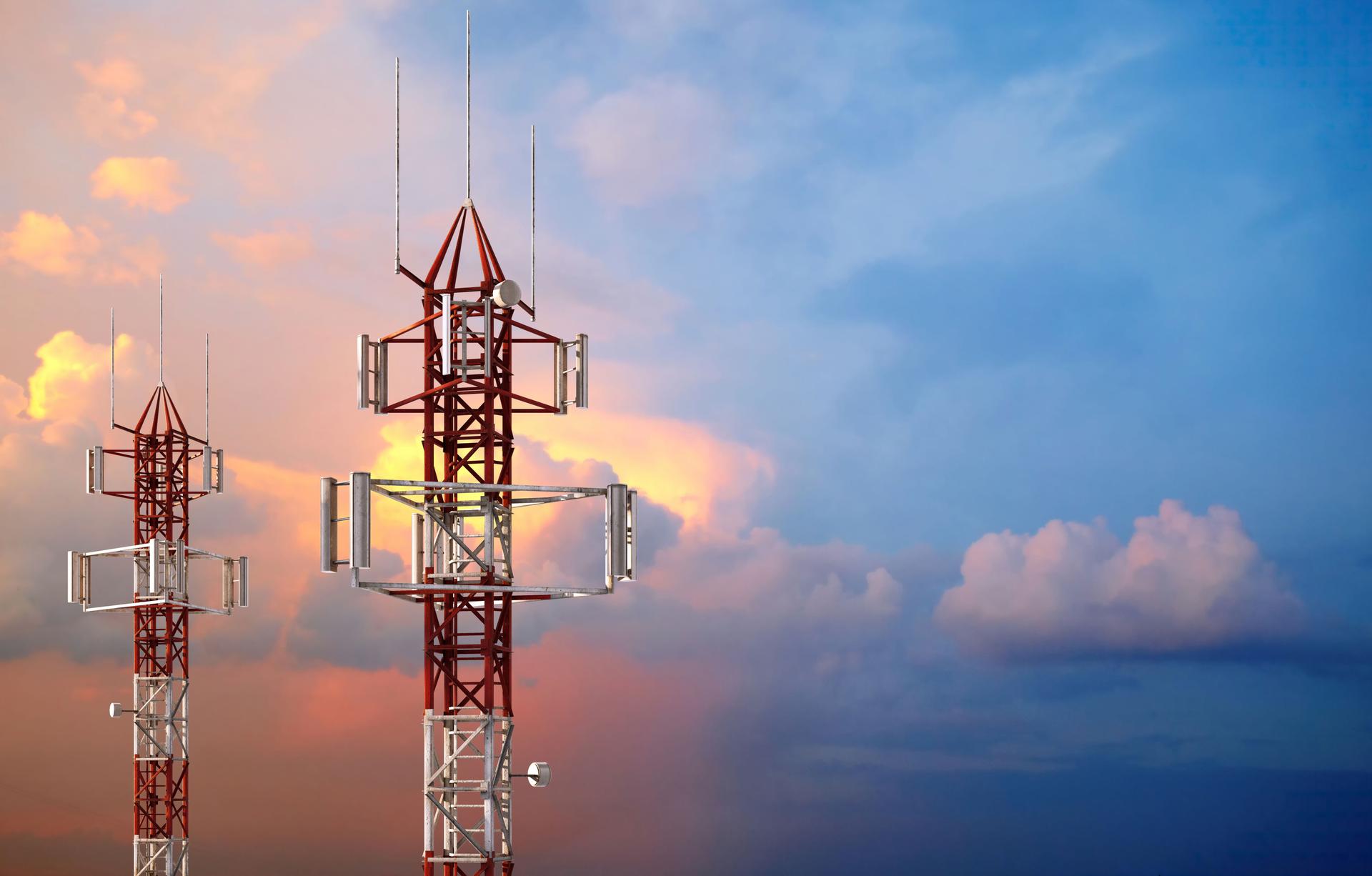 Telecommunications towers. Cellular network infrastructure, wireless communication. telecom industry, network, development